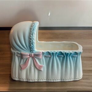 Vintage Rubens Ceramic Pink White Blue Baby Bassinette Planter Japan 60s Nursery
